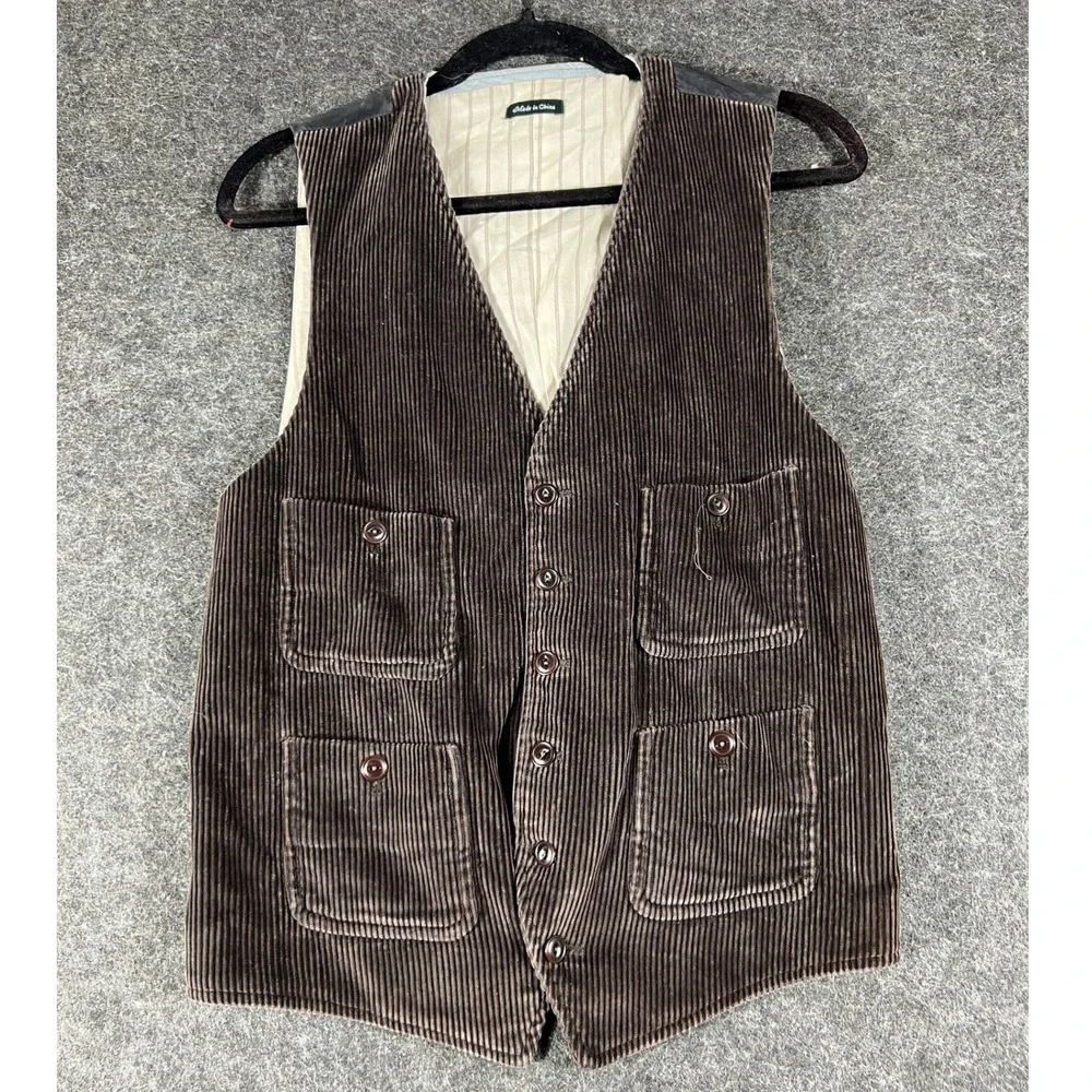 J.Crew Corduroy Waistcoat Vest Mens Medium Brown Cotton Lined Striped Utility